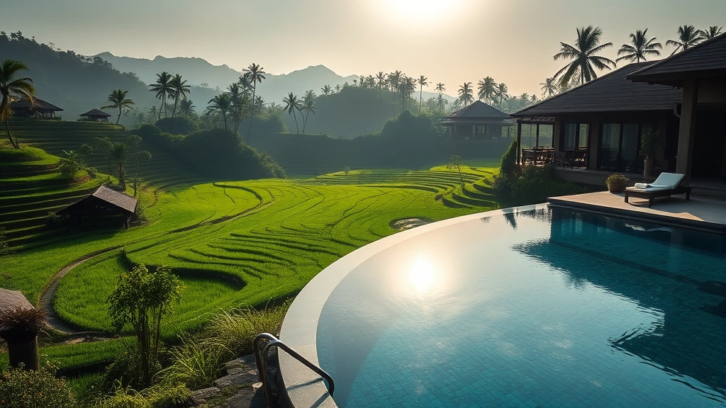 Luxurious infinity pool overlooking terraced rice paddies in Bali, tropical vegetation, morning light, resort architecture