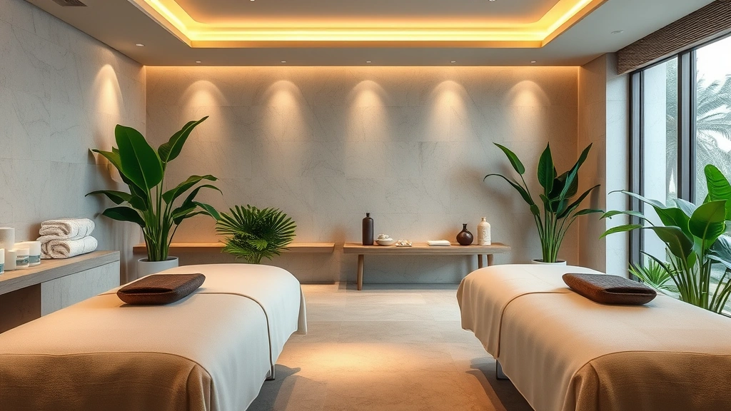 Serene wellness spa interior with stone treatments beds, tropical plants, soft lighting, peaceful atmosphere