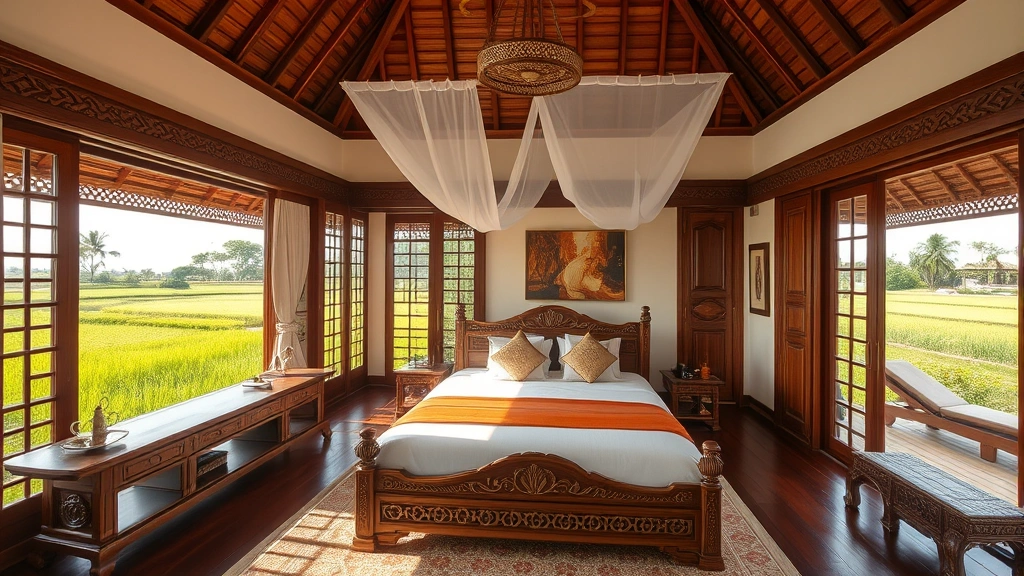 Traditional Balinese villa bedroom with carved wooden details, open-air design, rice field views, natural elements