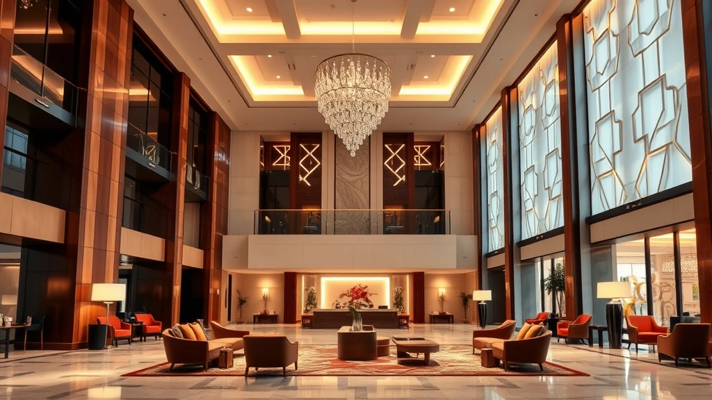 Modern luxury hotel lobby with art deco architectural elements, geometric patterns, warm ambient lighting reflecting animated design aesthetics, contemporary furniture arrangements