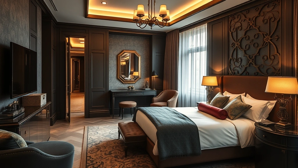 Contemporary hotel suite combining gothic and steampunk-inspired design elements, sophisticated material palette, layered lighting creating depth and visual interest, residential comfort with theatrical ambiance