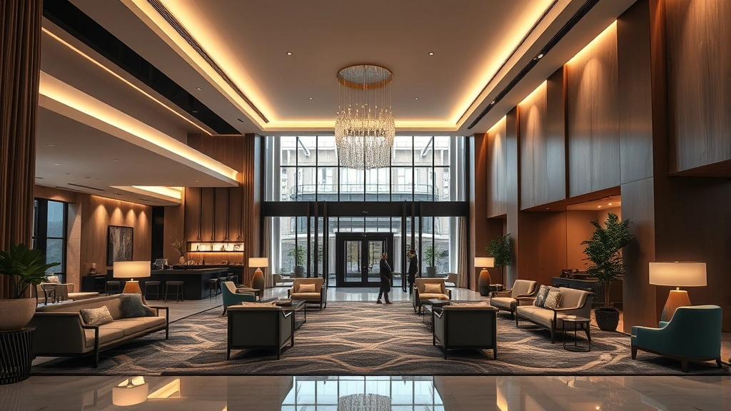 Modern hotel lobby with contemporary design elements, sleek furniture, and ambient lighting creating an upscale hospitality atmosphere, photorealistic interior photography