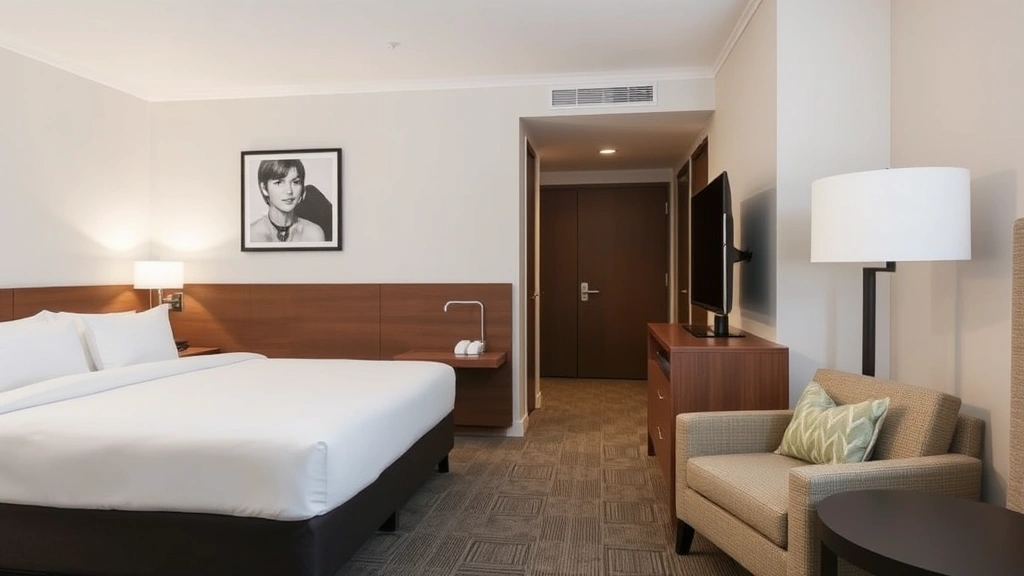 Comfortable hotel bedroom with premium bedding, modern fixtures, and thoughtful decor creating an inviting guest space with quality furnishings and neutral tones