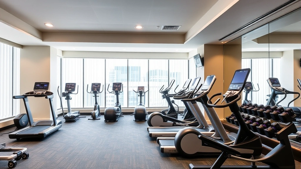 Hotel fitness center with modern cardio equipment, strength training machines, and bright professional gym environment designed for guest wellness and exercise