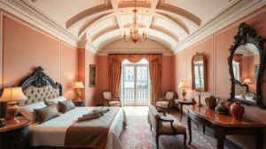 Elegant Venetian hotel bedroom with traditional Italian decor, arched ceiling details, soft warm lighting, antique furnishings, and canal-view window overlooking water reflections, no text visible