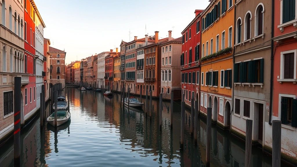 Atmospheric Venice canal at golden hour with historic buildings reflected in calm water, narrow waterway between colorful facades, wooden mooring poles, authentic Venetian architecture, no visible signage or addresses