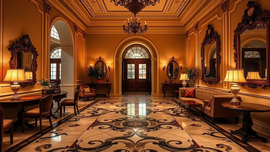 Cozy boutique hotel lobby with Venetian style marble flooring, classic furniture, ornate mirrors, warm ambient lighting, comfortable seating areas, arched doorways, elegant but intimate atmosphere, no text or building numbers