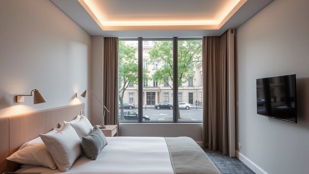 Elegant contemporary hotel bedroom with minimalist design, neutral color palette, modern lighting, comfortable bed with quality linens, and floor-to-ceiling window showing urban residential Milan street view with trees and historic architecture