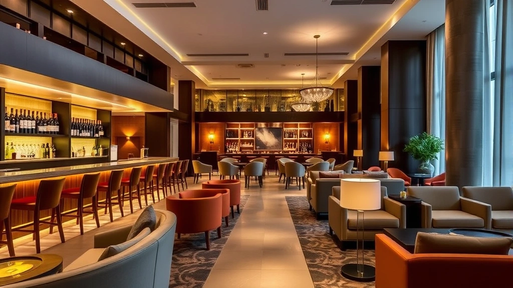 Sophisticated hotel bar and lounge area with warm ambient lighting, contemporary furnishings, wine bottles displayed on shelves, comfortable seating arrangements, and open layout inviting relaxation and social interaction