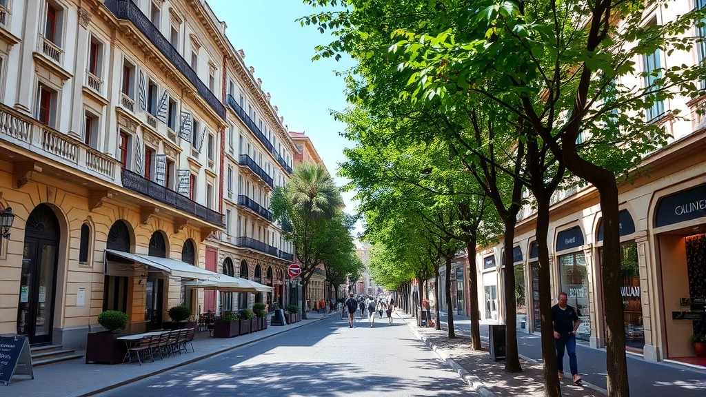 Charming Porta Venezia Milan neighborhood street scene with tree-lined sidewalk, historic European buildings with elegant facades, outdoor cafe seating, boutique storefronts, and pedestrians enjoying the vibrant urban atmosphere