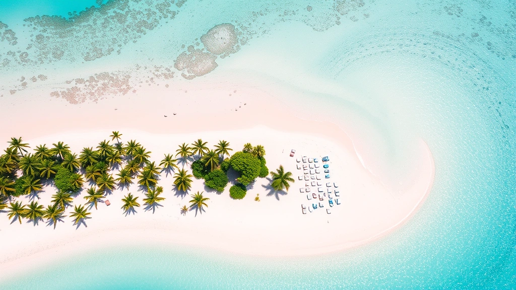 Aerial view of pristine white sand beach with turquoise water, tropical palm trees lining sandy shoreline, Caribbean island coastline with clear shallow waters, bright sunny day, vacation paradise setting