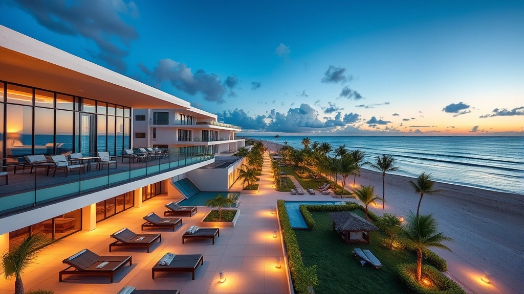 Modern beachfront hotel with contemporary architecture, open-air design, ocean view terraces, lounge chairs, tropical landscaping, sunset lighting, Caribbean luxury resort aesthetic, architectural photography