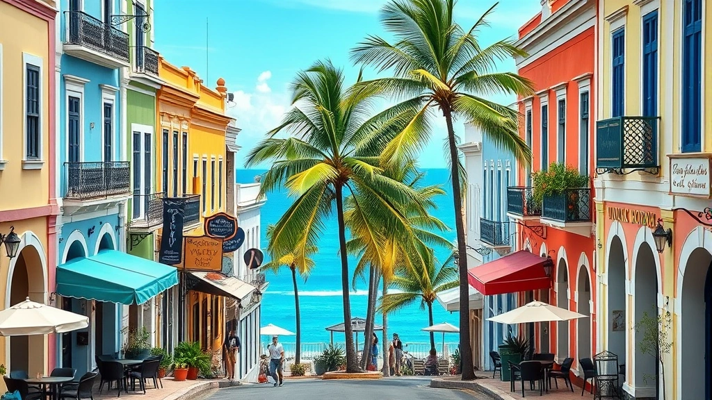 Vibrant coastal town street scene with colorful colonial buildings, local restaurants with outdoor seating, palm trees, blue ocean water visible between buildings, authentic Caribbean community atmosphere, daytime natural lighting