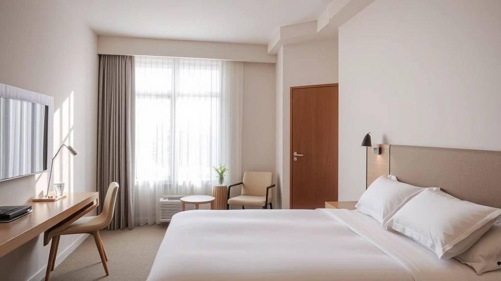 Bright, modern hotel room with comfortable bed, neutral tones, natural window light, clean contemporary furnishings, welcoming aesthetic