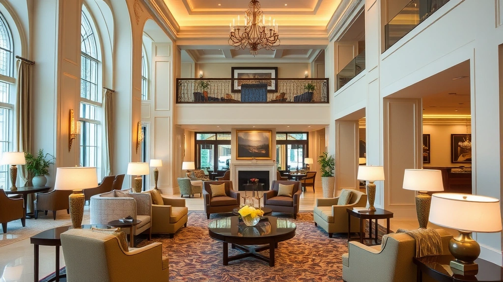 Elegant hotel lobby lounge area with comfortable seating, warm lighting, architectural interest, inviting atmosphere for guest relaxation