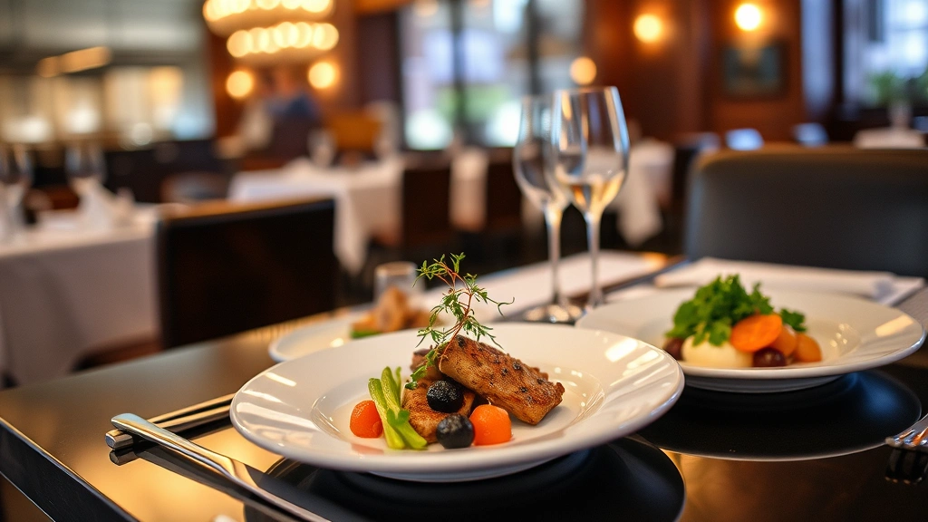 Beautifully plated gourmet meal on dining table, restaurant setting with soft lighting, appetizing presentation, upscale dining experience