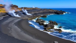 Volcanic black sand beach with Mediterranean Sea, rocky volcanic formations, clear blue water, natural thermal steam rising from shoreline, Mediterranean coastal landscape, no people