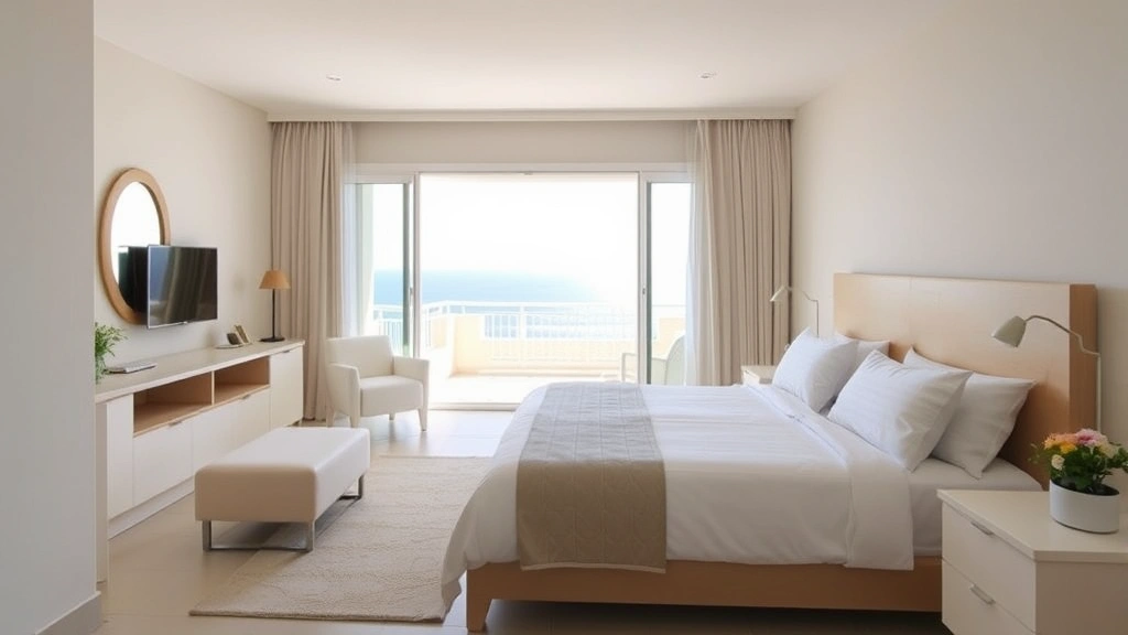 Modern hotel room with Mediterranean decor, white bedding, terrace with sea views, simple furnishings, natural light from balcony doors, clean minimalist style, no visible people