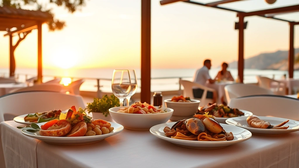 Outdoor dining area with Mediterranean cuisine on table, sunset ocean view, local seafood dishes, white tablecloth setting, natural lighting, coastal landscape background, no identifiable guests