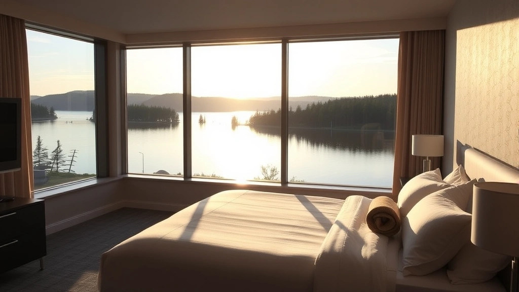 Modern hotel room overlooking Seneca Lake at sunrise, with floor-to-ceiling windows showing calm water and forested shoreline, neutral tones, minimalist contemporary furnishings, natural morning light streaming across the bed