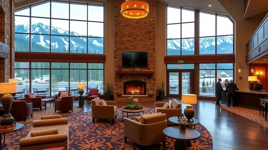 Upscale hotel lobby with elegant seating areas, stone fireplace, floor-to-ceiling windows framing mountain views, tasteful décor blending rustic and modern elements, warm ambient lighting, guests checking in at reception desk