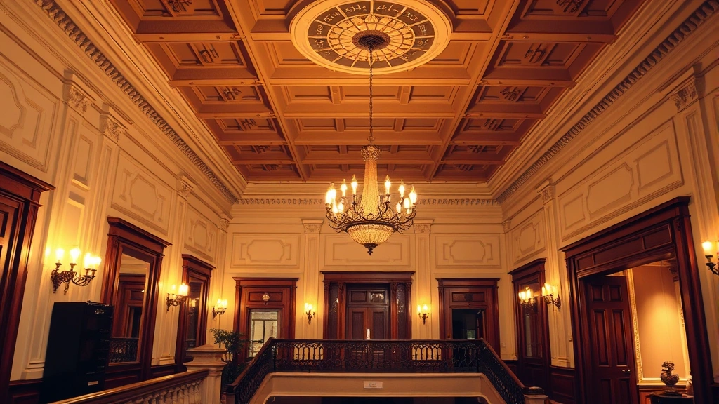 Historic hotel lobby interior with original crown molding, period-appropriate fixtures, vintage chandelier, ornate banister, and classical architectural details in warm golden lighting, no text or signage visible