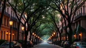 Elegant West Village tree-lined street with historic brownstone buildings, gas lamps, and warm evening light, no people visible
