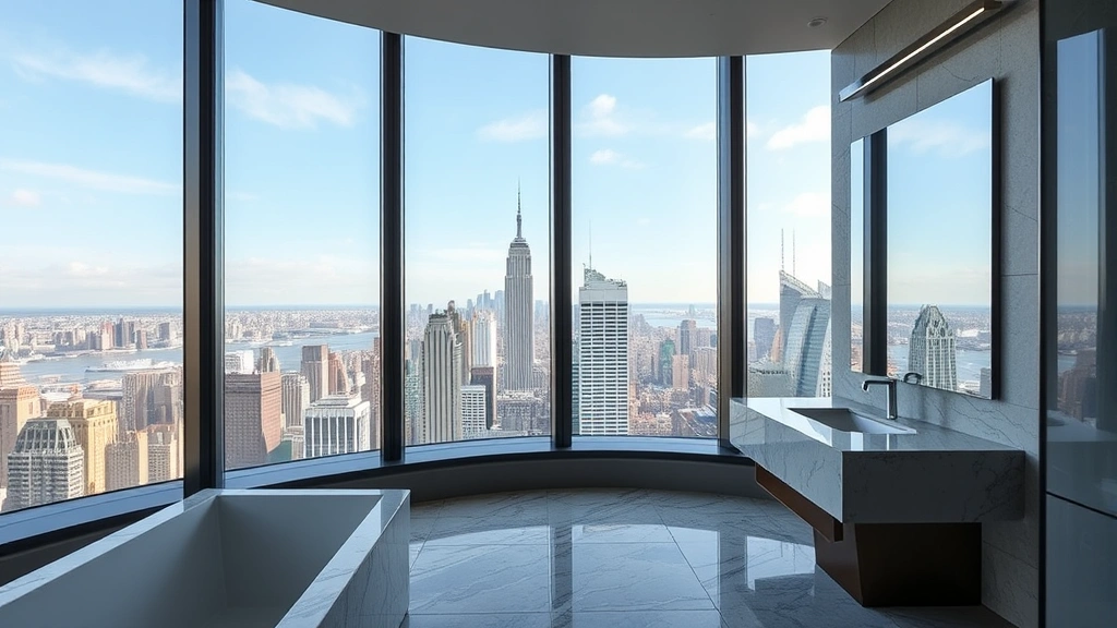 Modern luxury hotel room with floor-to-ceiling windows overlooking Manhattan skyline, minimalist design, marble bathroom visible