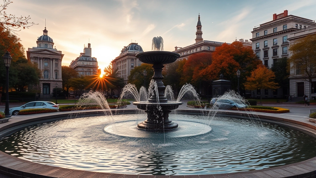 Washington Square Park fountain and arch at sunset with surrounding historic buildings, autumn foliage, peaceful atmosphere