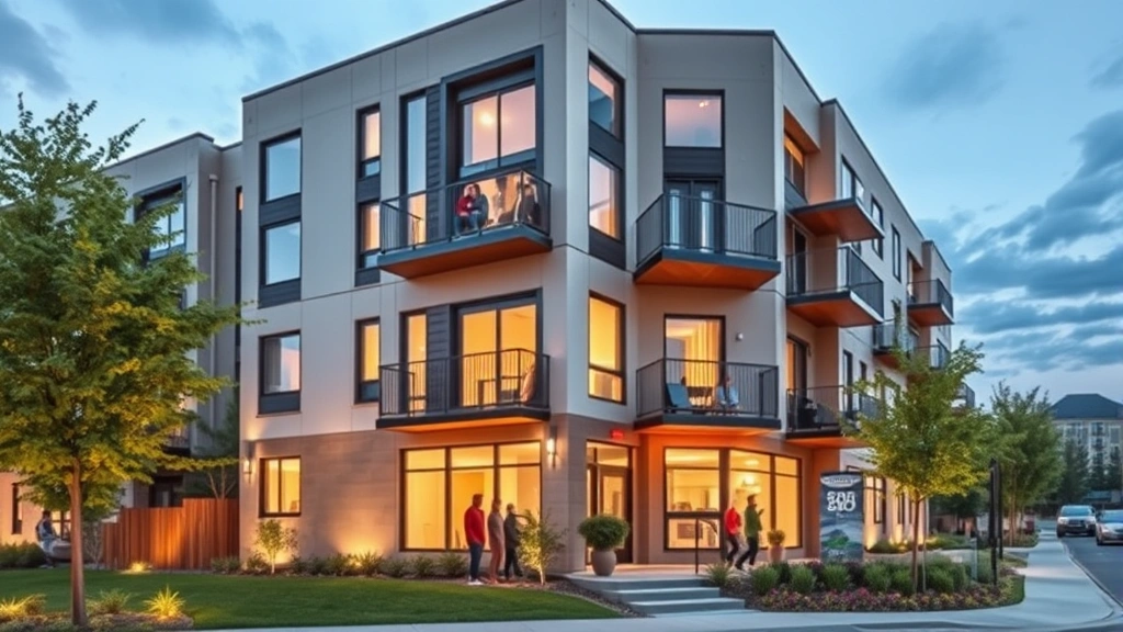 Modern affordable apartment building exterior with diverse residents, natural lighting, landscaped entry, residential neighborhood setting, contemporary architecture