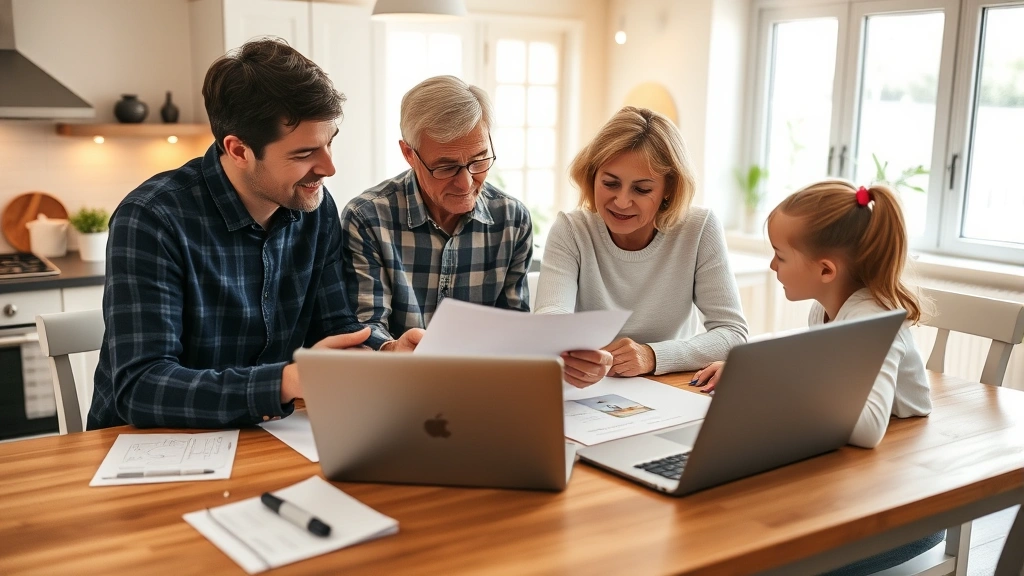 Family reviewing housing documents at kitchen table, laptop and paperwork visible, warm interior lighting, multi-generational household, practical home office setup