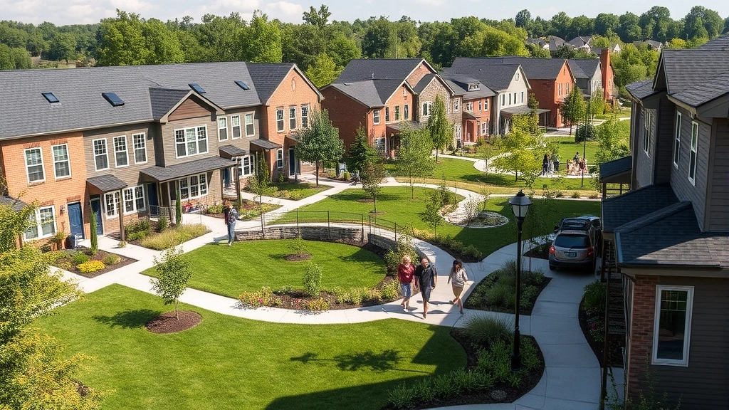 Community land trust development with mixed townhomes, shared green space, residents walking together, sustainable landscaping, welcoming neighborhood atmosphere