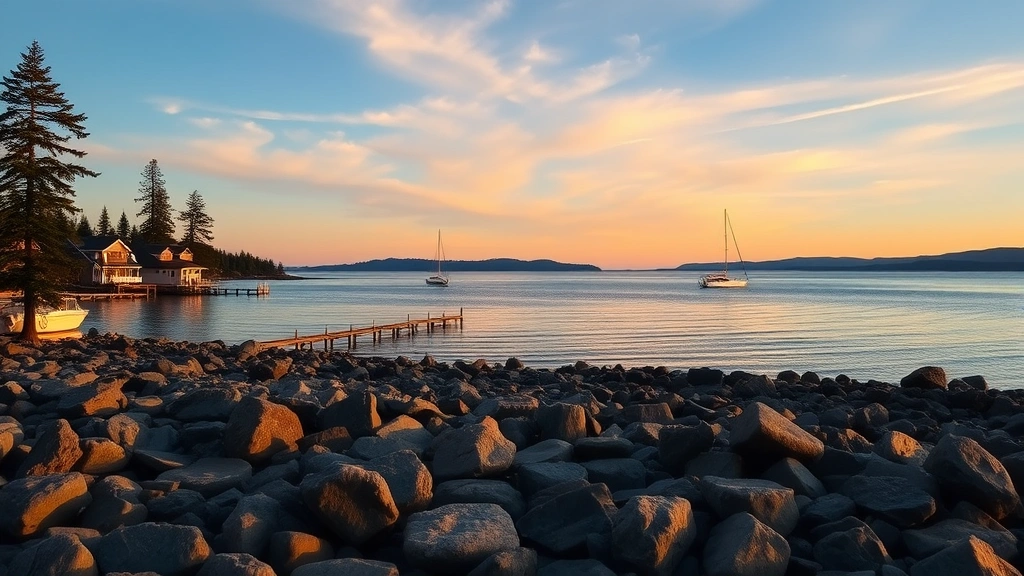 Serene waterfront view of Puget Sound with coastal homes and sailboats, rocky beach in foreground, pine trees, golden hour lighting, calm water reflecting sky