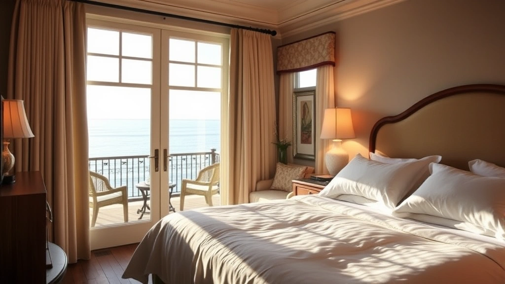 Cozy hotel bedroom with ocean view windows, comfortable bed with white linens, warm lighting, coastal décor, fireplace visible, elegant but relaxing atmosphere