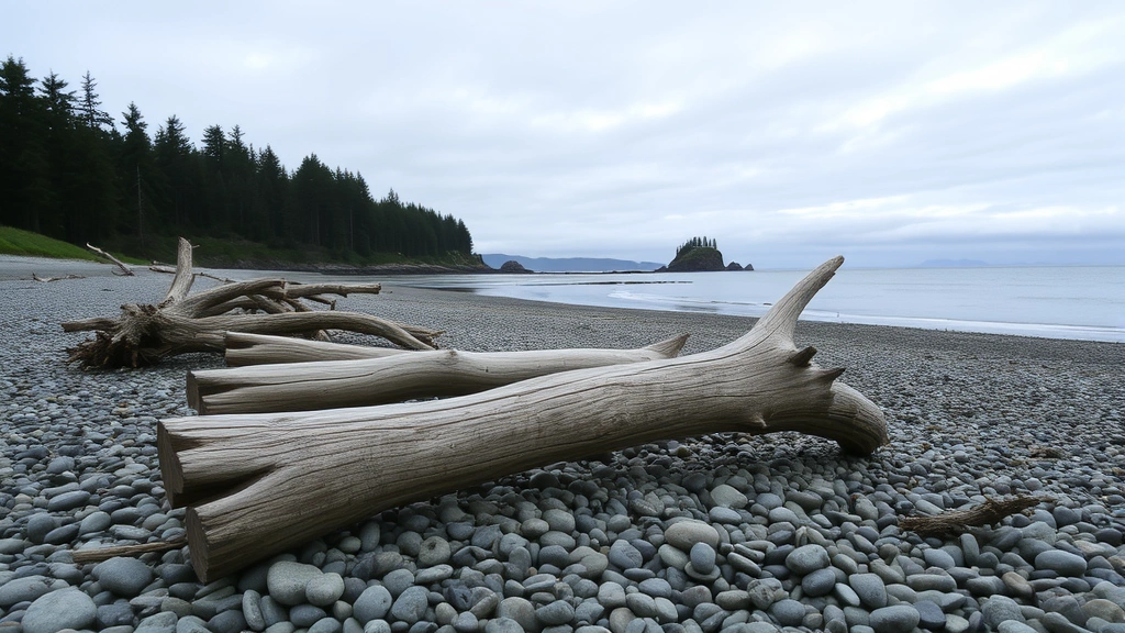 Whidbey Island beach landscape with driftwood logs, smooth pebbles, evergreen forest backdrop, overcast Pacific Northwest sky, peaceful coastal setting
