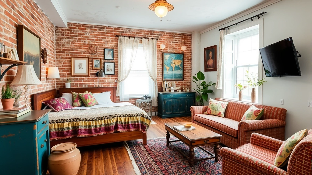 Bohemian-styled hotel room with mismatched vintage furniture, colorful textiles, exposed brick walls, and artistic wall decorations creating an eclectic comfortable aesthetic