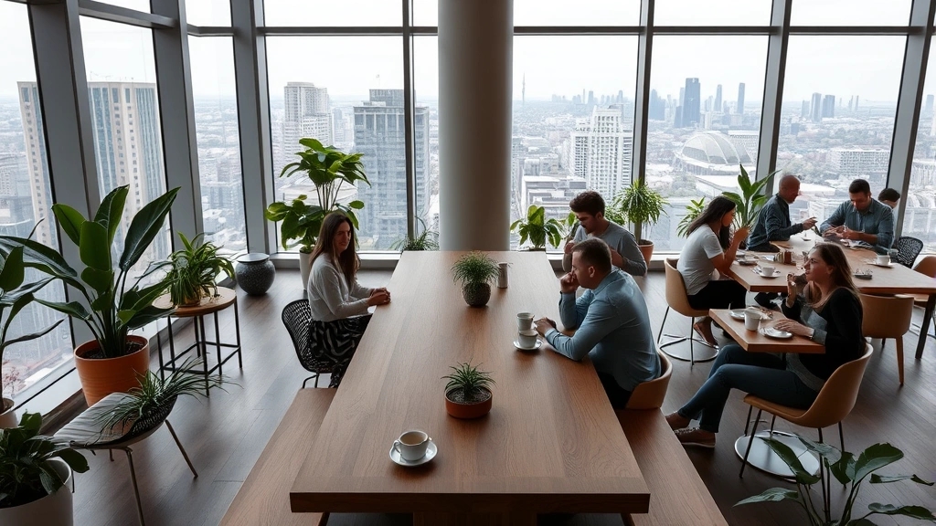 Modern minimalist hotel lounge with communal wooden table, floor-to-ceiling windows overlooking urban landscape, guests socializing with coffee, and plants throughout the space