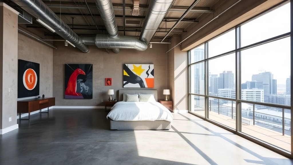 Unique converted industrial space hotel room featuring exposed ductwork, polished concrete floors, large windows with city views, and contemporary art installations on walls