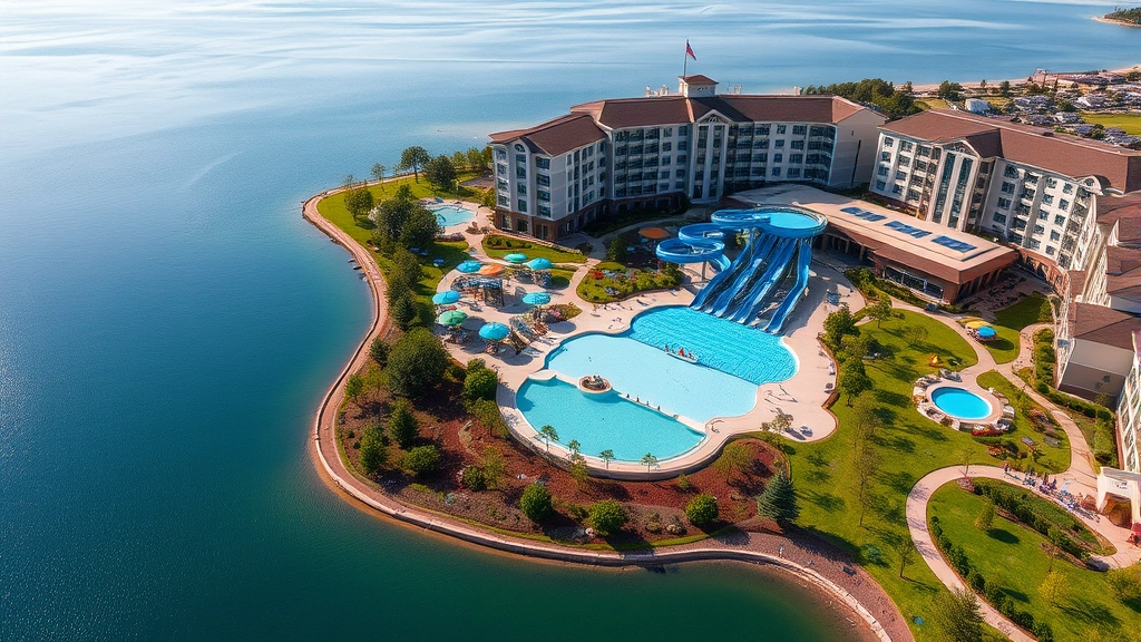 Aerial view of a lakefront hotel property with integrated waterpark featuring multiple water slides and a wave pool surrounded by landscaping and guest buildings, calm blue water visible