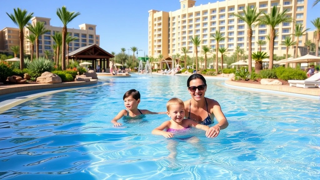 Family enjoying a lazy river in a waterpark setting with clear blue water, surrounding landscaping, and hotel buildings in background during sunny daytime