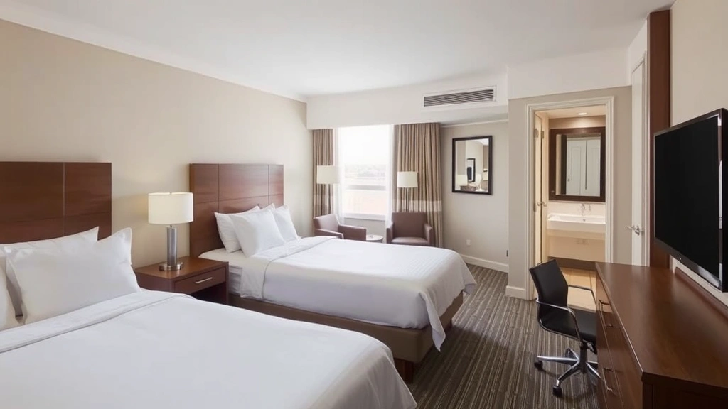 Hotel guest room interior showing two beds, modern furnishings, window with water views, clean bathroom visible, contemporary décor in neutral tones