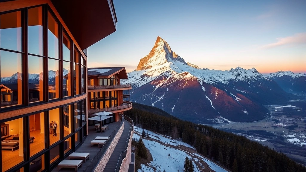 Aerial view of a modern luxury alpine hotel with floor-to-ceiling windows overlooking snow-capped Matterhorn peak, contemporary architecture with warm wood and stone materials, mountain valley landscape below at golden hour