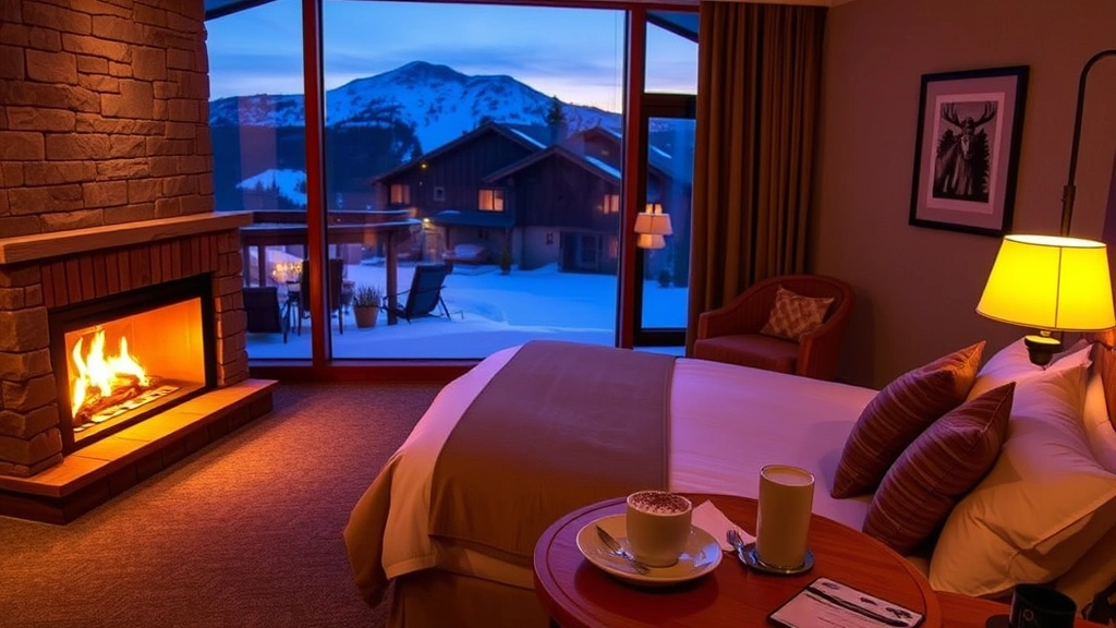 Cozy hotel room interior with heated stone fireplace, premium bedding, panoramic mountain window view, warm ambient lighting, alpine wooden furnishings, hot chocolate service on side table, evening mountain backdrop