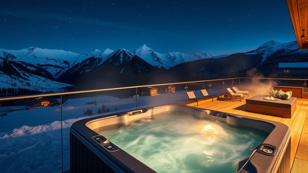 Outdoor rooftop hot tub with steam rising, luxury resort setting, surrounding snow-covered peaks, stars visible in night sky, comfortable seating areas, warm glowing light reflecting on water, alpine mountain landscape