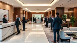 Modern hotel front desk area with welcoming staff assisting guests during busy check-in period, contemporary lobby with marble counters and comfortable seating areas, professional atmosphere
