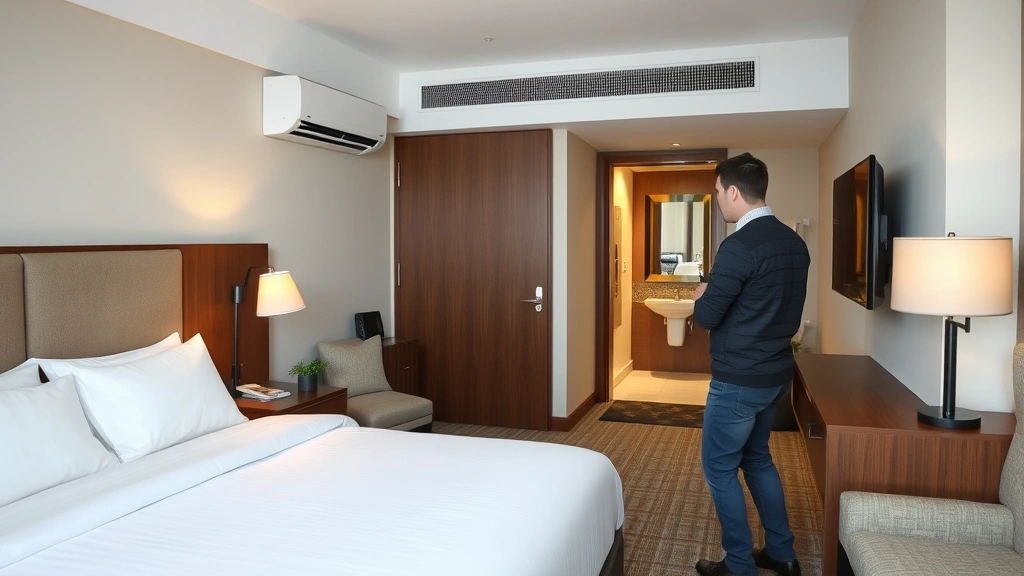 Guest entering spacious hotel room and inspecting amenities, checking air conditioning unit and testing lights, examining bed linens and bathroom facilities, peaceful bedroom environment