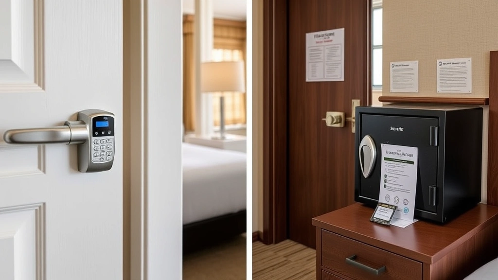 Hotel security features including door locks, digital safe, and room key card on nightstand, safe room environment with locked windows and security information posted on door
