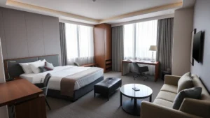 Modern hotel room interior with contemporary furnishings, clean lines, professional workspace, neutral color palette, natural lighting from windows, showing bed, desk area, and comfortable seating