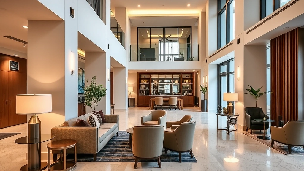 Hotel lobby or common area with contemporary decor, comfortable seating arrangements, warm lighting, welcoming atmosphere, clean architectural details, reflecting boutique hospitality aesthetic