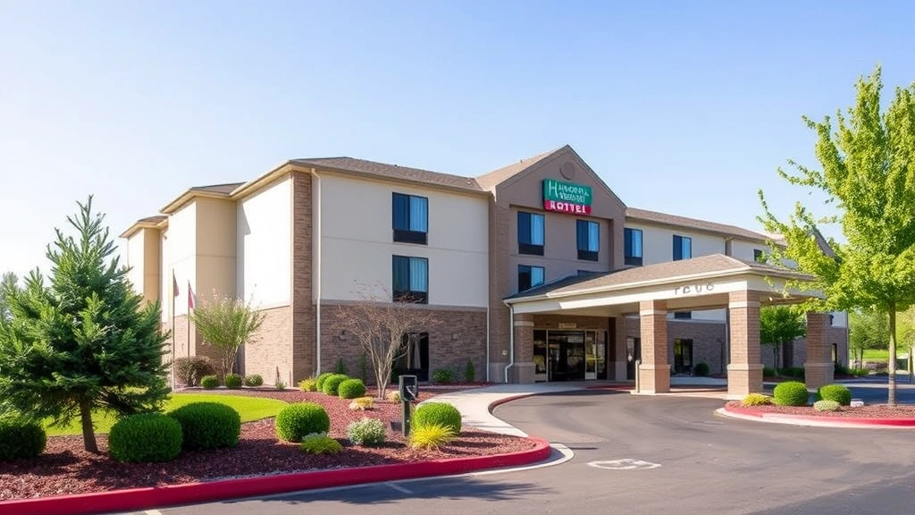 Exterior view of mid-range hotel building, attractive facade, well-maintained grounds, professional landscaping, parking area visible, clear daytime photography, inviting entrance
